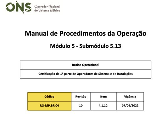 Tabela dos Procedimentos de Rede do ONS aplicáveis à certificação de operadores